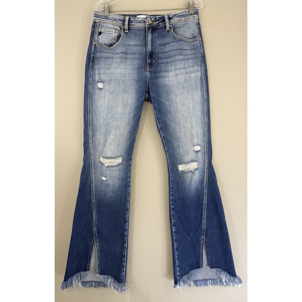 KanCan Flare High Rise Jeans‎ Women's 30 Slit Fray Hem Stretch Blue Denim
